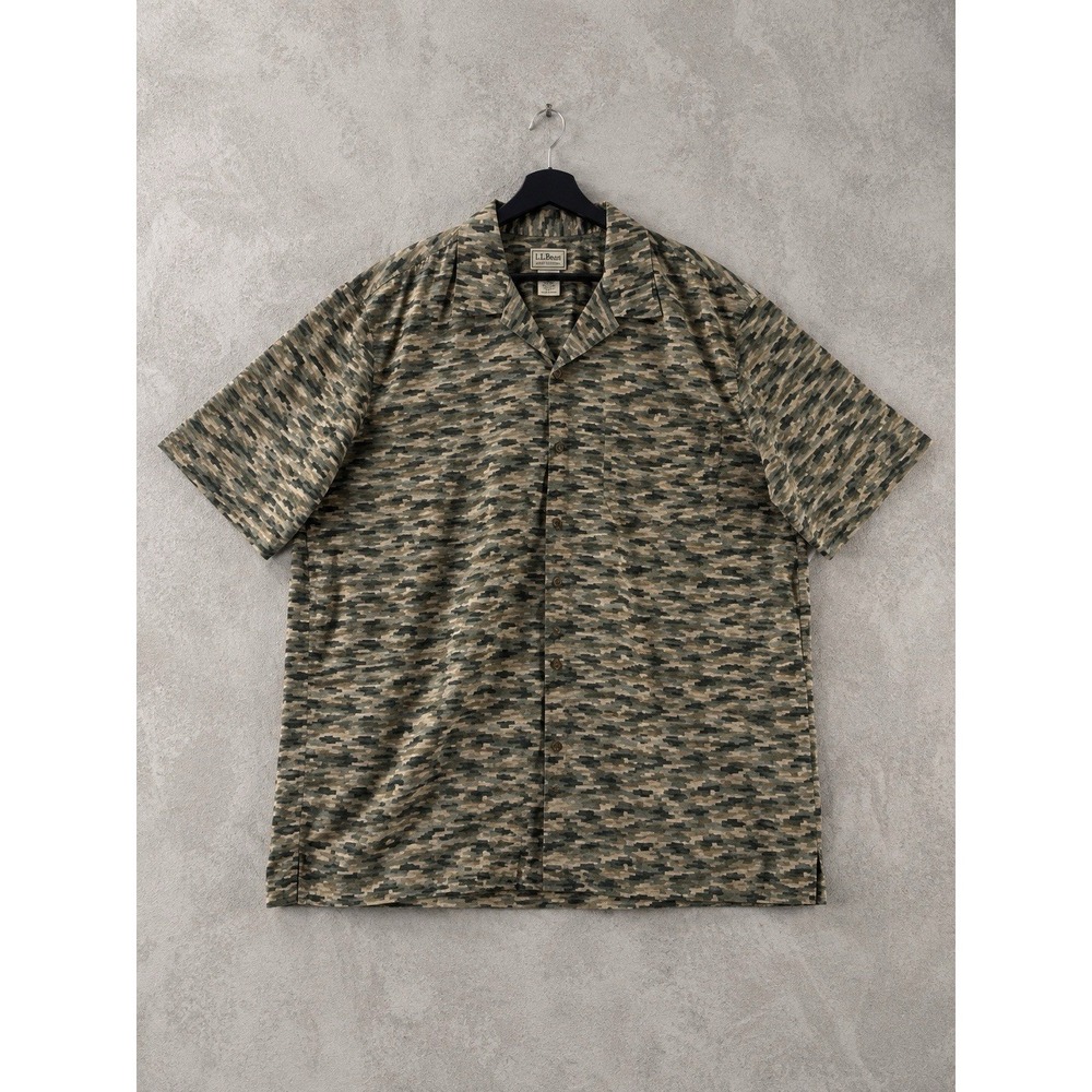 LL Bean Button Down Shirt Mens XL Green Camo Traditional Fit Outdoor Cotton